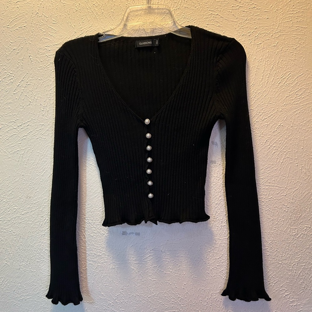 Glassons Black Ribbed Button-Down Shirt